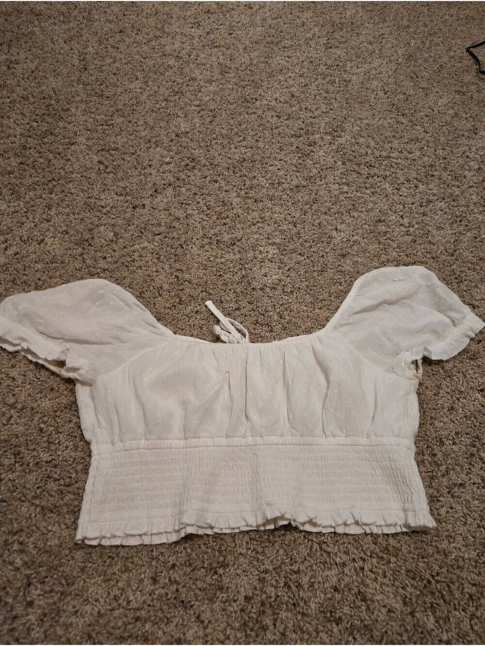 White Smocked Crop Top with Tie Front - Picture 2 of 2